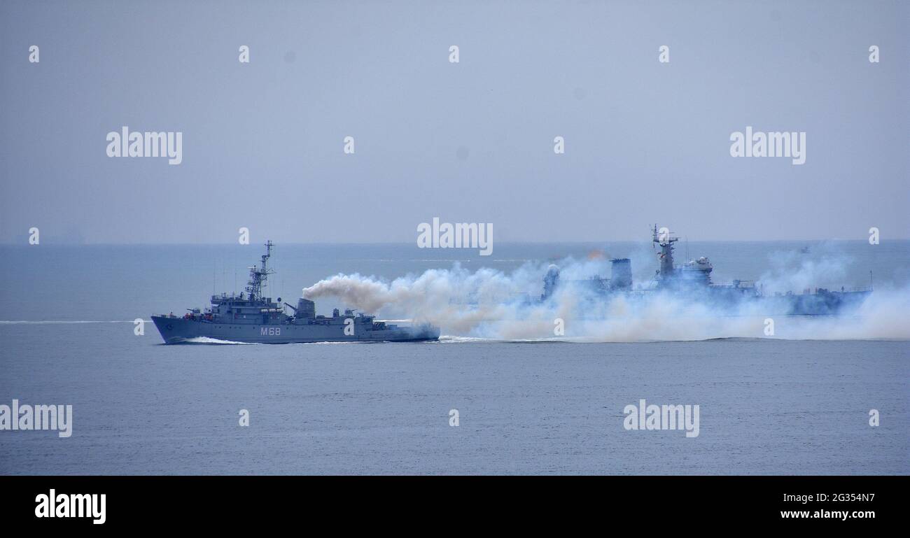 Indian Navy Warships at Bay of Bengal, Vishakhapatnam, India Stock Photo