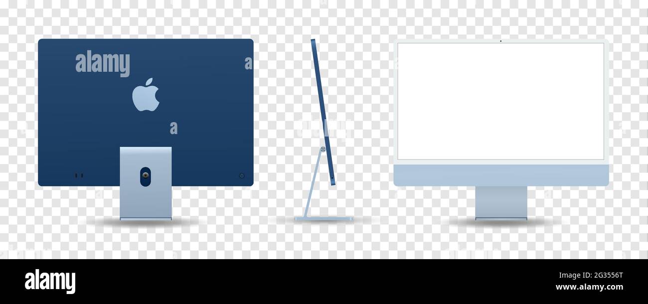 Vinnytsia, Ukraine - June 10, 2021: Newly released iMac 2021 blue color.  Front, side and back view. Realistic vector mockup isolated on transparent  ba Stock Vector Image & Art - Alamy