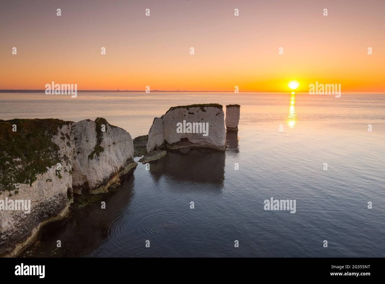 Old Harry Rocks, Swanage, Dorset, UK.  14th June 2021.  UK Weather.  The sea is like a millpond at sunrise at Old Harry Rocks near Swanage in Dorset on a warm clear summer morning.   Picture Credit: Graham Hunt/Alamy Live News Stock Photo