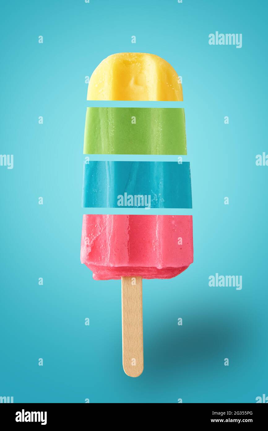 Colorful ice cream made of different pieces on blue background. Fresh  frozen ice popsicle with copy space. Creative summer background Stock Photo  - Alamy