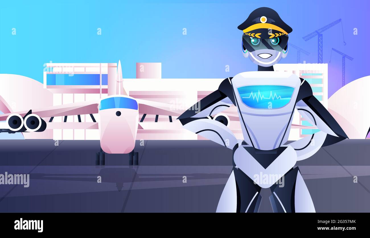 robotic pilot in uniform robot captain near plane aviation artificial intelligence technology concept Stock Vector