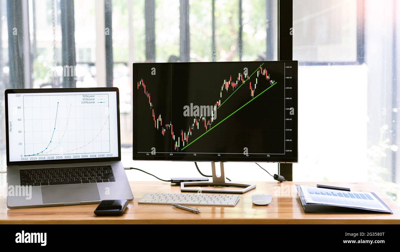 A monitor displaying the dynamic of real estate stock chart in the first quarter Stock Photo Alamy