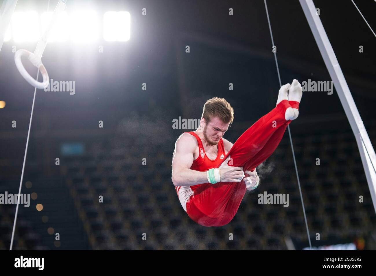 Munich, Germany. 12th June, 2021. Gymnastics: Olympic qualification, men: Leonard Prügel in action on the rings. Credit: Tom Weller/dpa/Alamy Live News Stock Photo