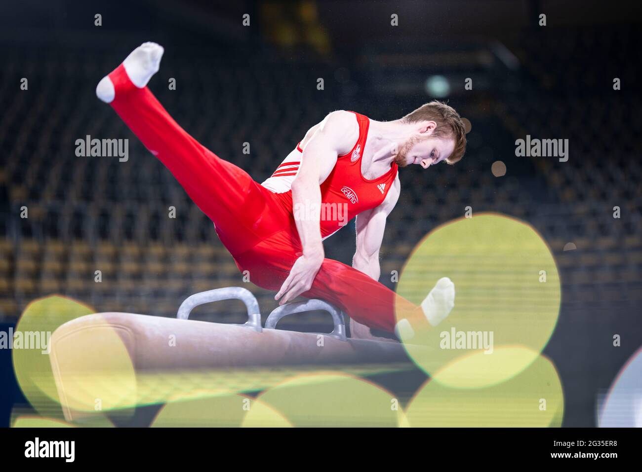 Munich, Germany. 12th June, 2021. Gymnastics: Olympic qualification, men: Leonard Prügel in action on pommel horse. Credit: Tom Weller/dpa/Alamy Live News Stock Photo