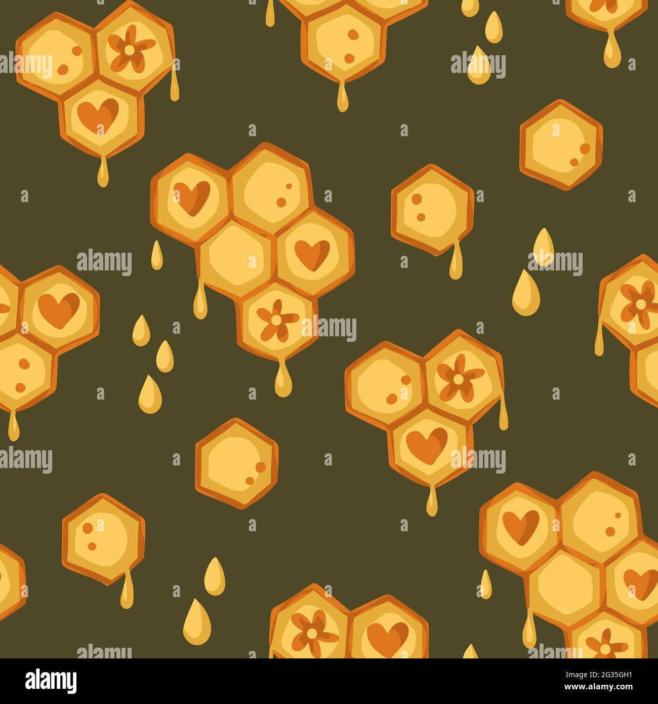 Beehive cartoon cute hexagon honeycomb seamless pattern background. Nature summer bee vector textured art with heart decoration ornaments. Stock Vector