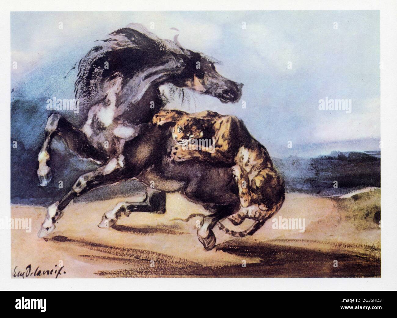 Eugène Delacroix.Tigre attaquant un cheval sauvage.Signé 1825-1827.Aquarelle Stock Photo