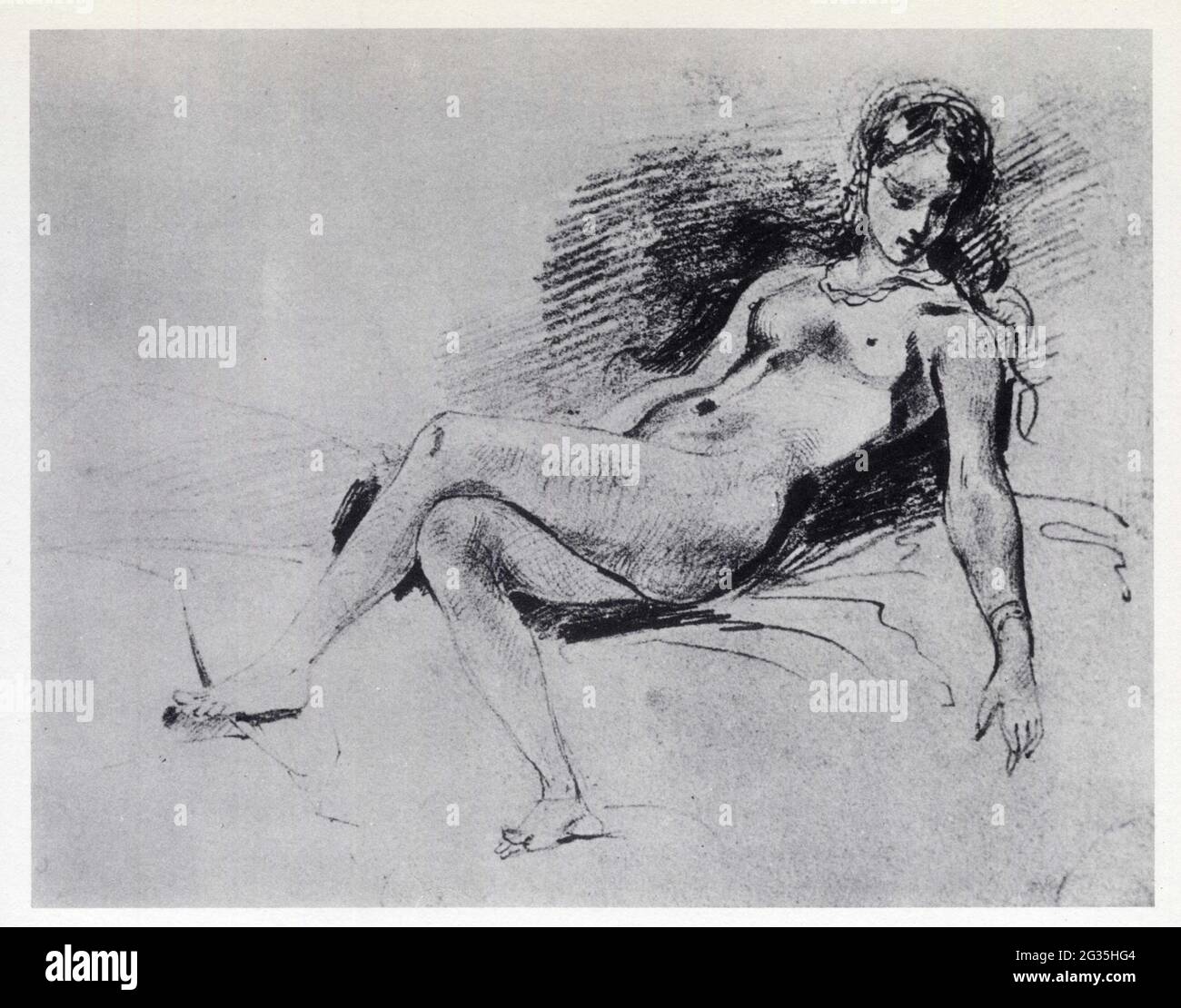 Eugène Delacroix. Odalisque couchée, étude pour La Femme au perroquet. 1827. Craie noire Stock Photo