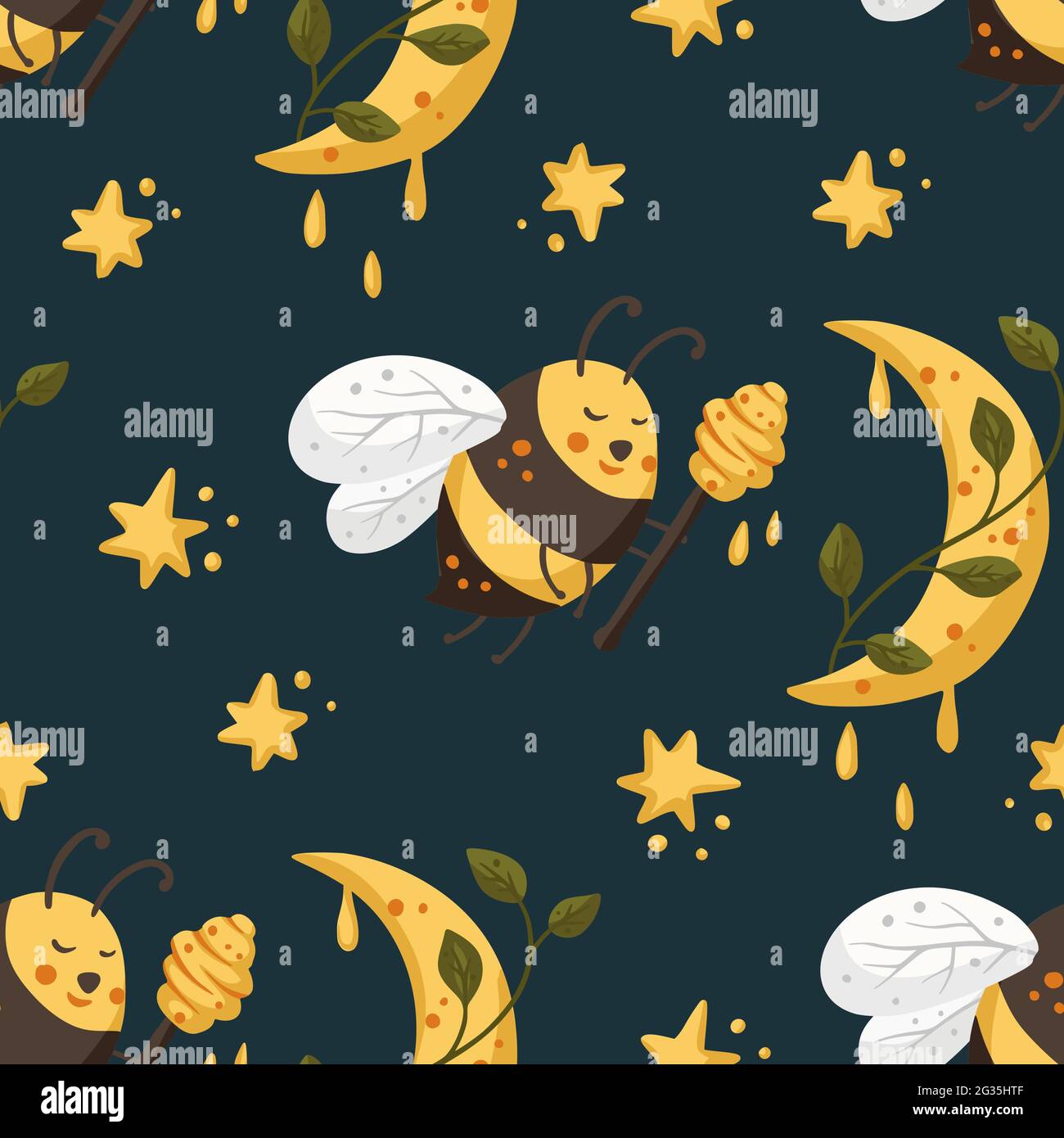 Honey cute bee insect summer seamless pattern background with stars and moon. Cartoon baby fly nature design. Vector illustration sweet textile good night design. Stock Vector