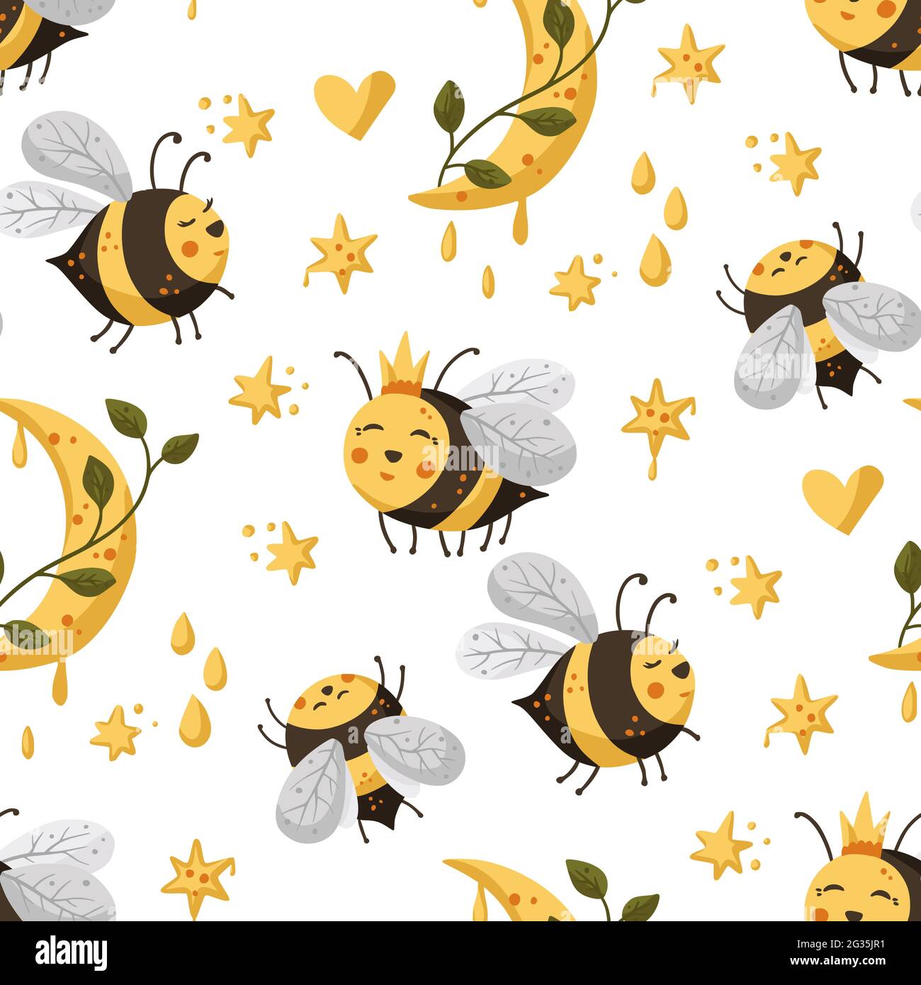 Honey cute bee insect summer seamless pattern background. Cartoon baby fly  nature design with moon and stars. Vector illustration sweet textile design  Stock Vector Image & Art - Alamy