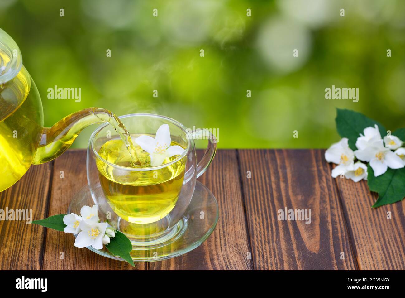 green tea with jasmine flowers pouring from glass teapot in cup Stock