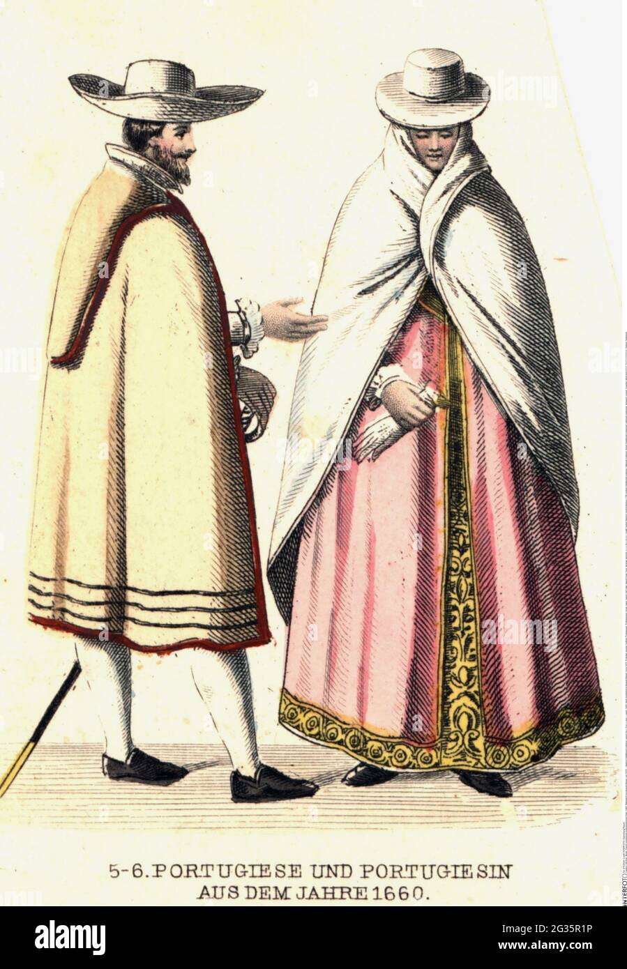 fashion, traditional costume, upper class Portuguese couple, 1660, steel engraving by August Weger, ADDITIONAL-RIGHTS-CLEARANCE-INFO-NOT-AVAILABLE Stock Photo