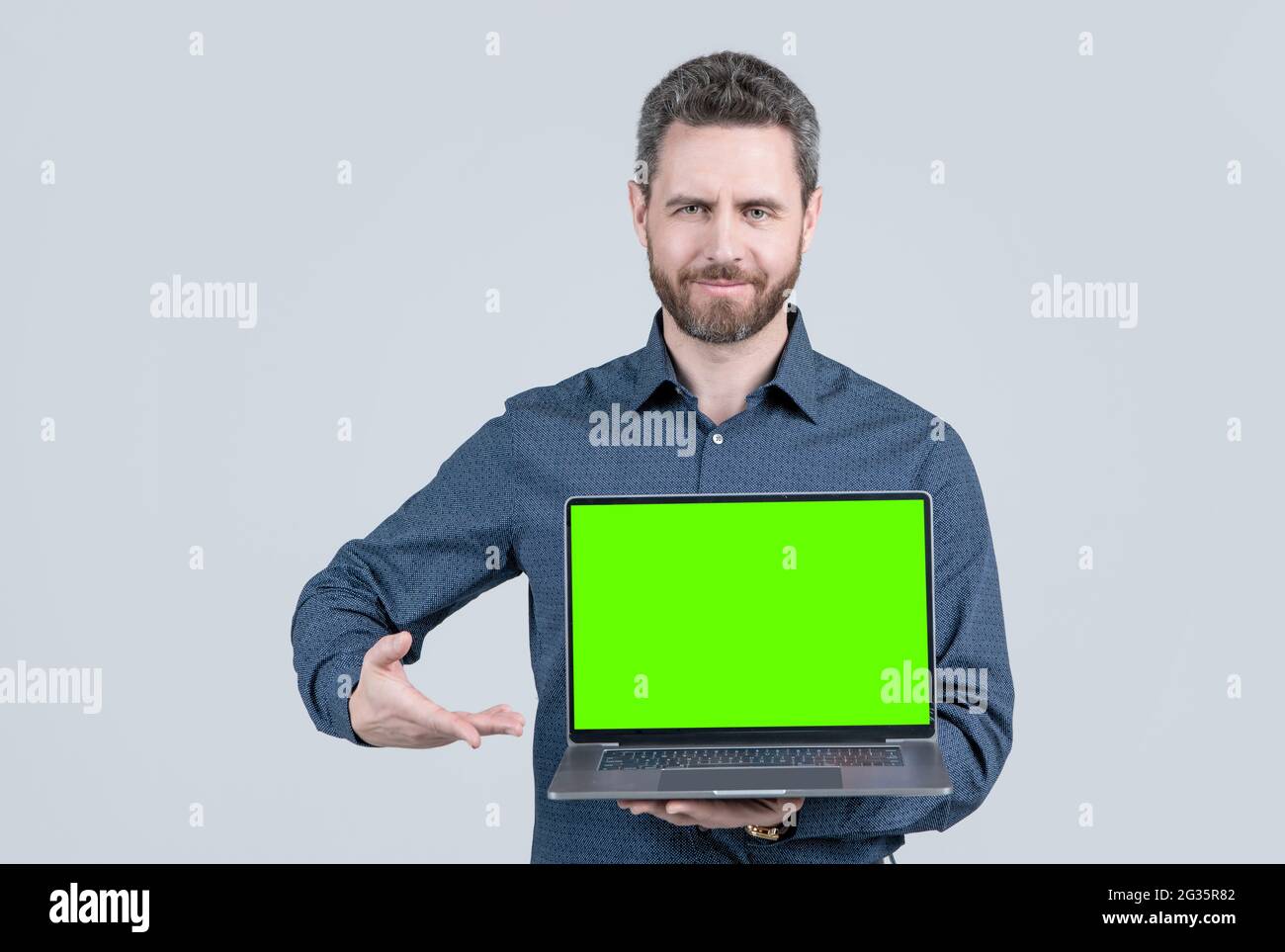 webinar pc advertisement. businessman presenting product. presentation on computer. Stock Photo