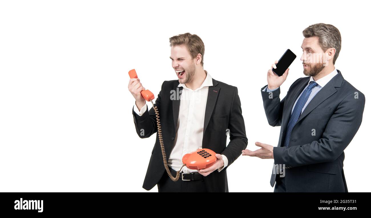 Lawyer with cellphone look at angry broker shouting in telephone