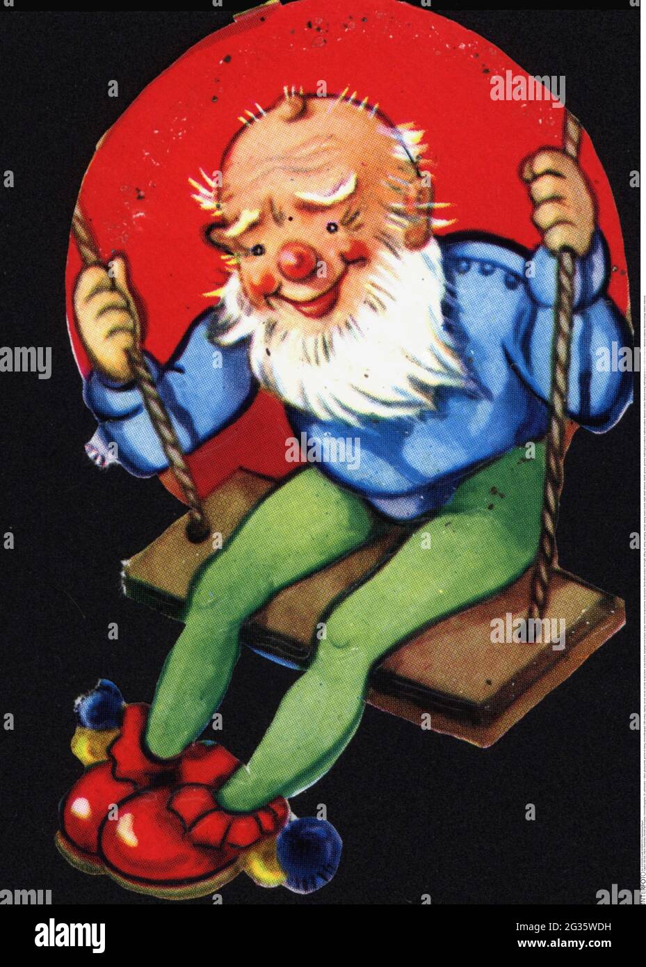 kitsch, glossy prints, gnome on swing, chromolithograph, 20th century, clipping, cut out, cut-out, ADDITIONAL-RIGHTS-CLEARANCE-INFO-NOT-AVAILABLE Stock Photo