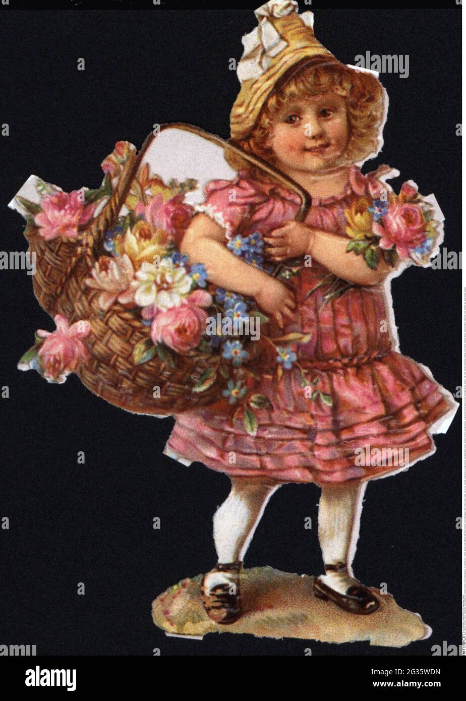 kitsch, glossy prints, little girl with flower basket, chromolithograph