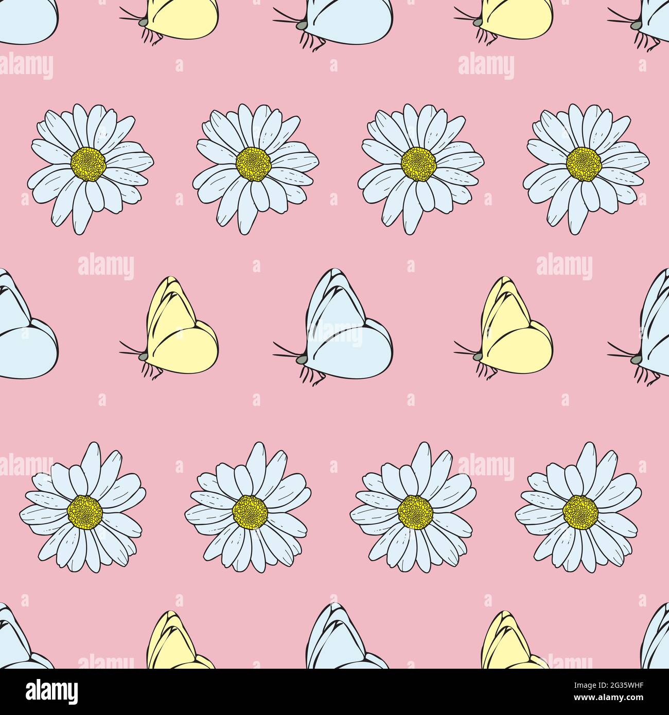 Vector pastel pink background daisy flowers, wild flowers and ...