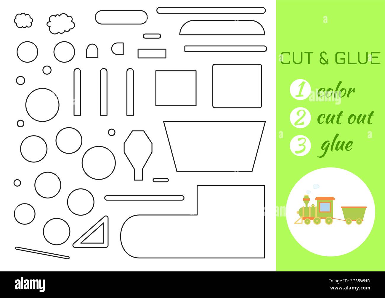 Color, cut and glue paper green train. Cut and paste craft activity ...