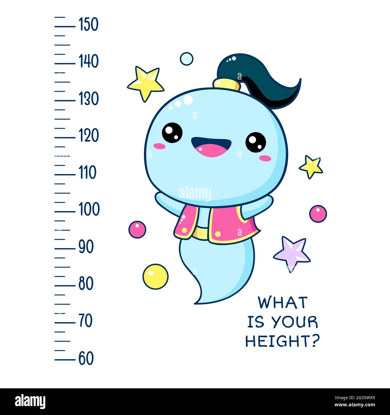 Height chart with cute genie. Kids meter with cartoon genie. Inscription - What is your height? Meter wall or baby scale of growth. Vector EPS8 Stock Vector