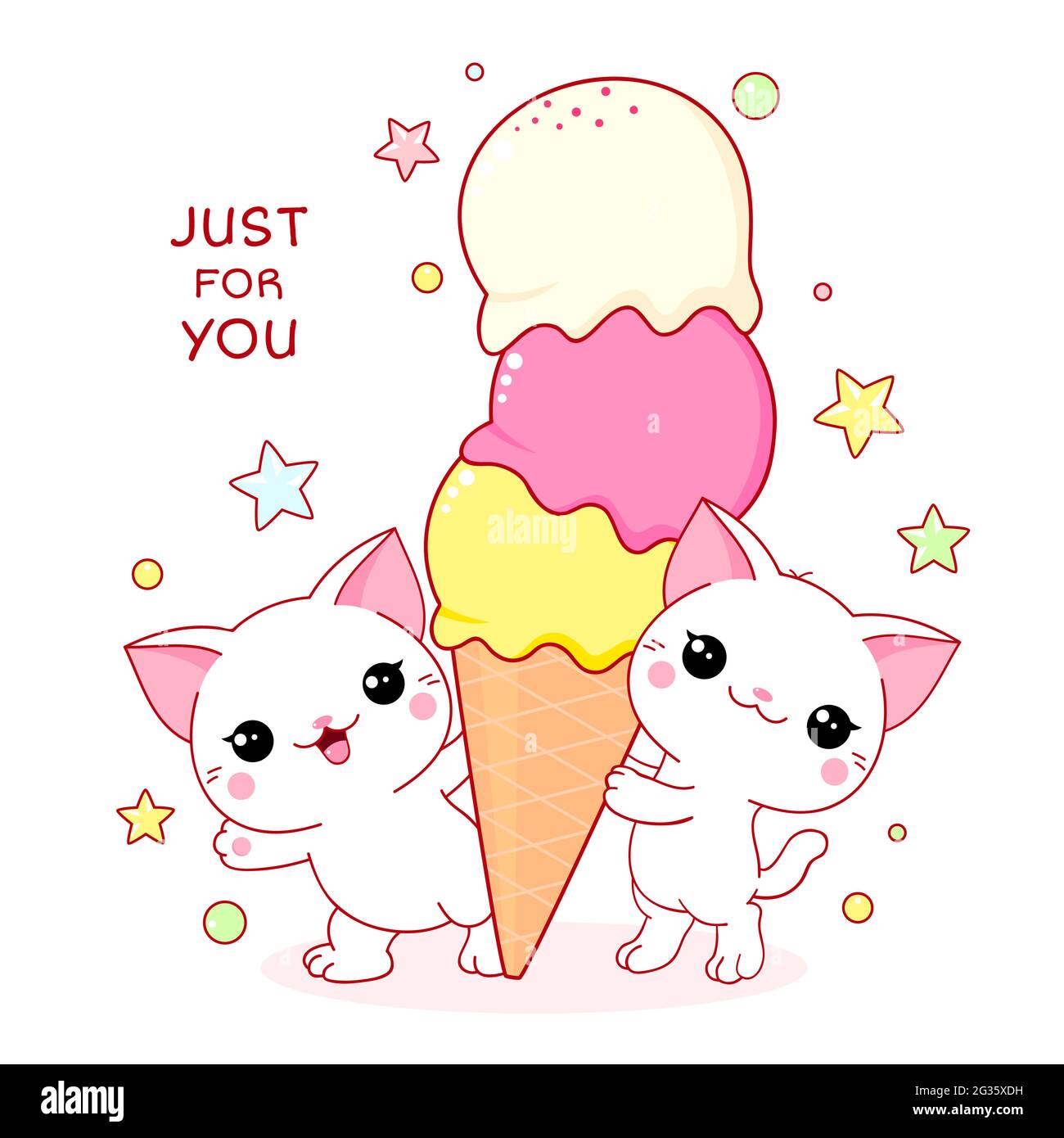 Cute yummy card in kawaii style. Two lovely white cats with ice ...