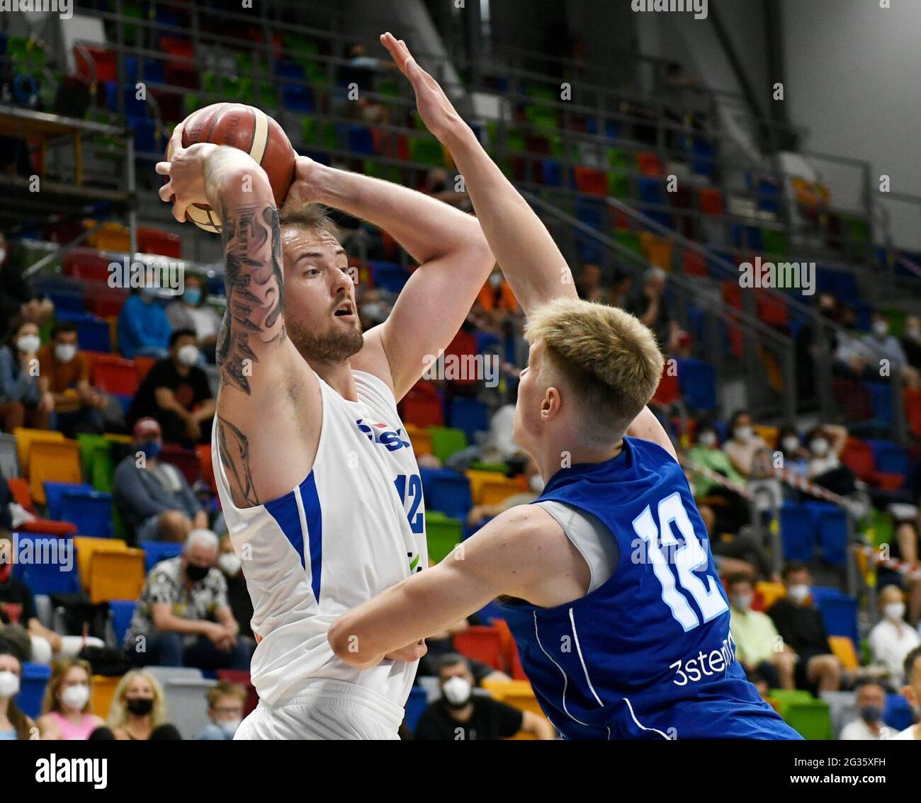 Prague, Czech Republic. 13th June, 2021. The Czech men's basketball team  beat Finland 93-85 in a friendly game played in Prague, Czech Republic,  June 13, 2021. From left Ondrej Balvin (CZE), Luukas