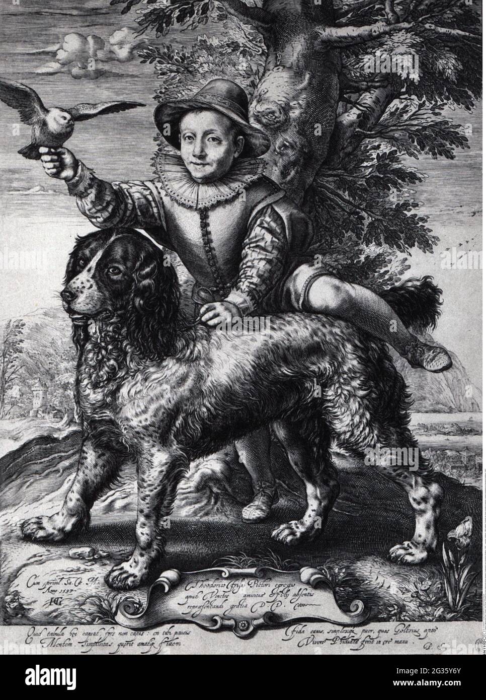 people, children, 16th century, Frederik de Vries mounts a spaniel, ADDITIONAL-RIGHTS-CLEARANCE-INFO-NOT-AVAILABLE Stock Photo