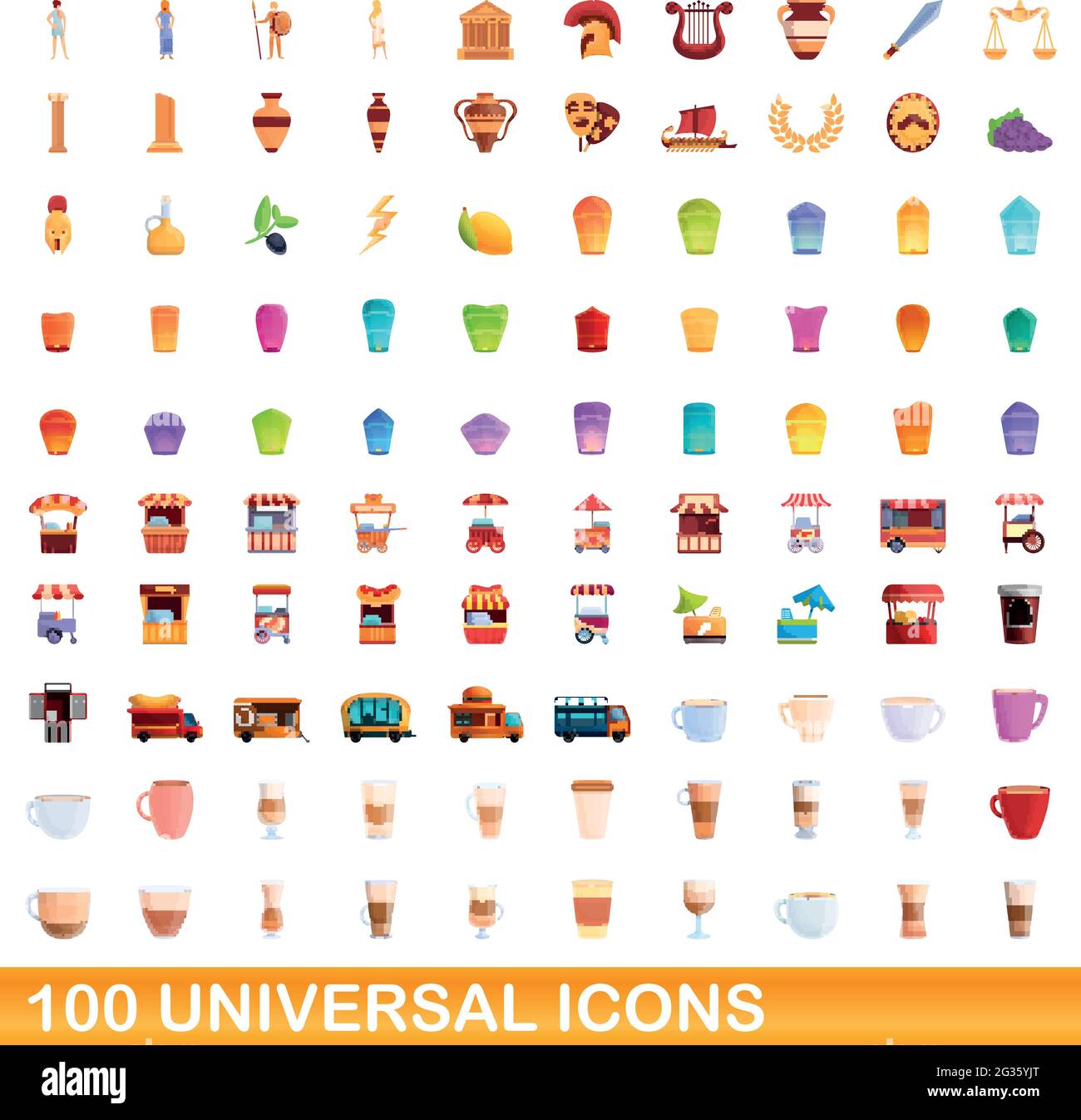 100 universal icons set. Cartoon illustration of 100 universal icons ...