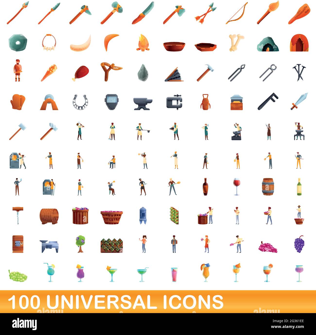 100 universal icons set. Cartoon illustration of 100 universal icons vector set isolated on white background Stock Vector