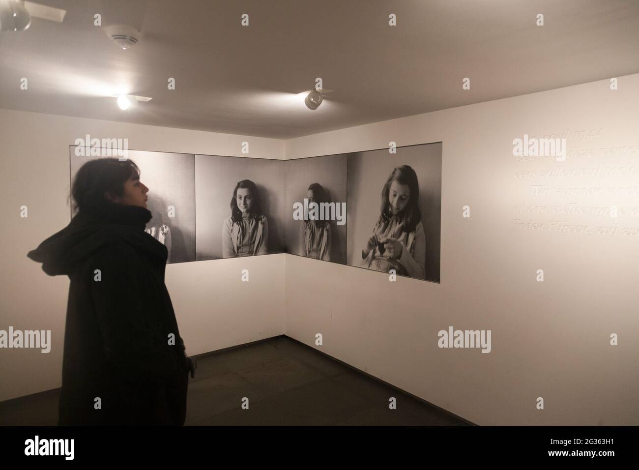 Young woman looking at portraits inside the Anne Frank House Museum in Amsterdam, North Holland, The Netherlands Stock Photo