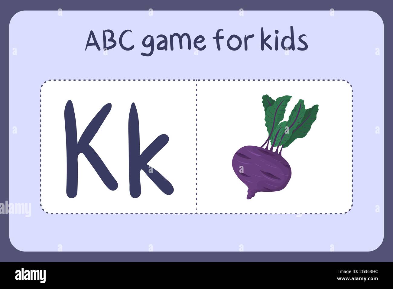 Kid alphabet mini games in cartoon style with letter K - kohlrabi violet . Vector illustration for game design - cut and play. Learn abc with fruit and vegetable flash cards. Stock Vector