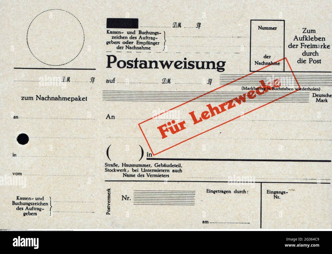 mail, form, German Federal Post Office, postal order, for training purpose,  1953, ADDITIONAL-RIGHTS-CLEARANCE-INFO-NOT-AVAILABLE Stock Photo - Alamy