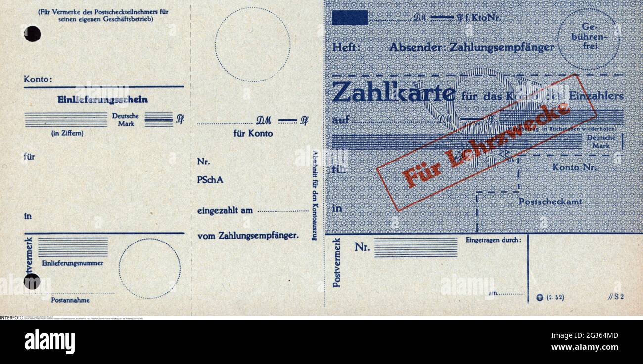 mail, form, German Federal Post Office, pay-in slip, for training purpose, 1952, ADDITIONAL-RIGHTS-CLEARANCE-INFO-NOT-AVAILABLE Stock Photo