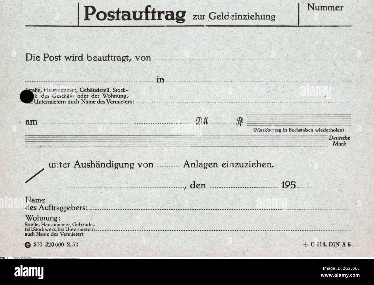 mail, form, German Federal Post Office, postal order to draft money, 1953,  ADDITIONAL-RIGHTS-CLEARANCE-INFO-NOT-AVAILABLE Stock Photo - Alamy