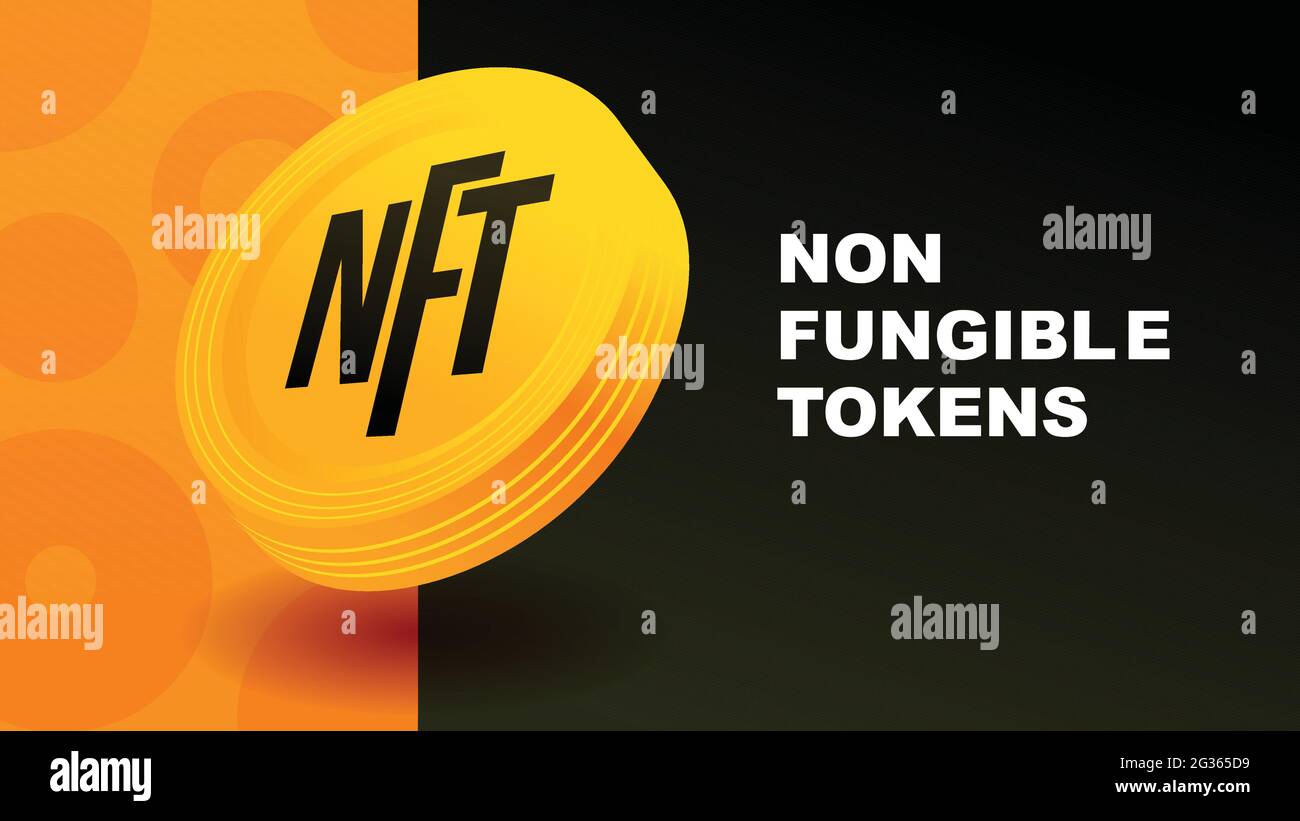 NFT Non Fungible tokens. Flying coin with black background. poster and presentation template vector illustration Stock Vector