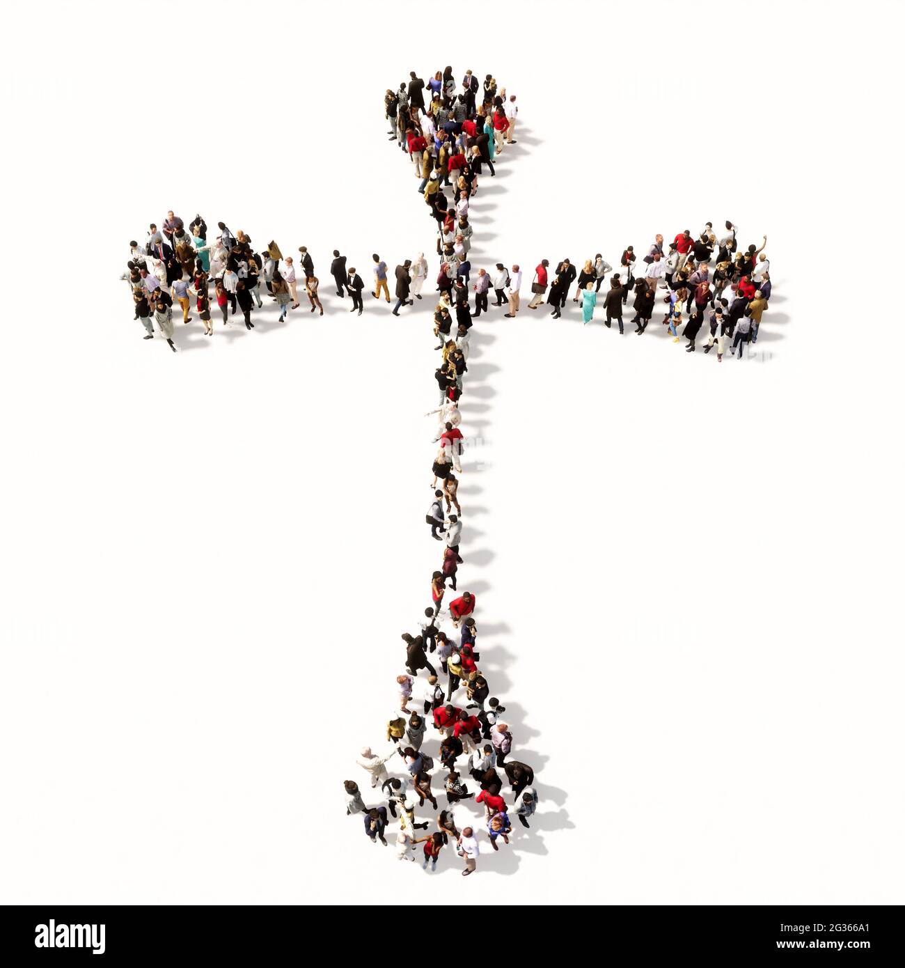 Concept or conceptual large community  of people forming the image of a religious christian cross. A 3d illustration metaphor for God, Christ Stock Photo