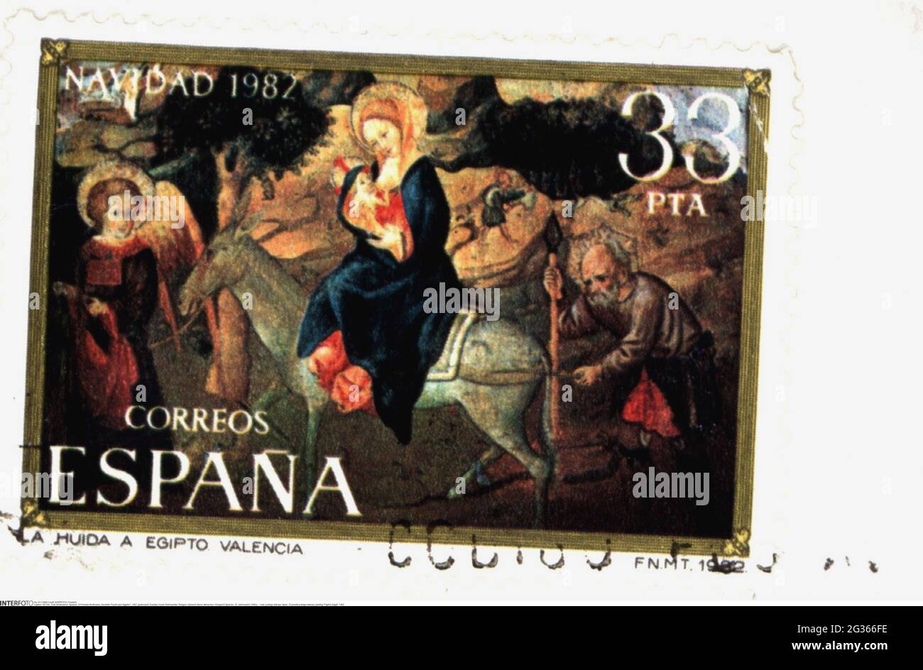 mail, postage stamps, Spain, 33 peseta postage stamps, painting 'Flight to Egypt', 1982, ADDITIONAL-RIGHTS-CLEARANCE-INFO-NOT-AVAILABLE Stock Photo