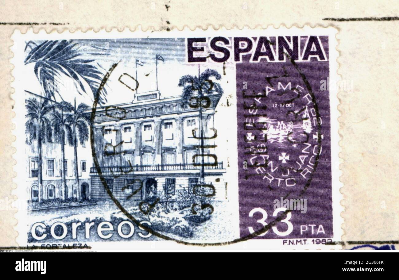mail, postage stamps, Spain, 35 peseta postage stamps, La Fortaleza on Puerto Rico, 1982, ADDITIONAL-RIGHTS-CLEARANCE-INFO-NOT-AVAILABLE Stock Photo