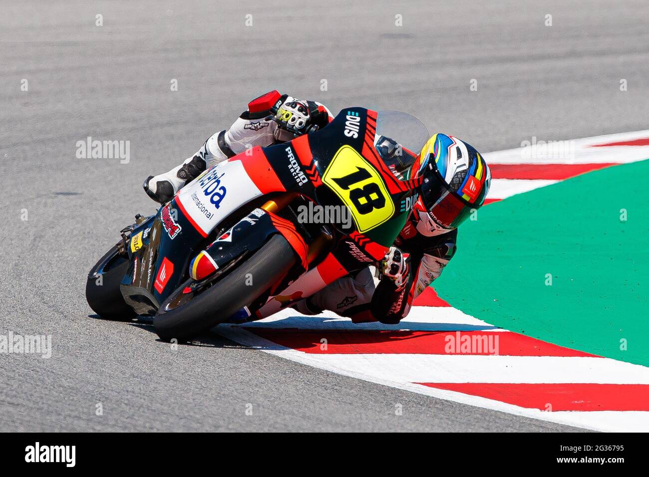 Montmelo, Barcelona, Spain. 13th June, 2021. Xavier Cardelus from Andorra,  rider of Promoracing with Kalex during the Moto 2 race of FIM CEV Repsol  Barcelona in Circuit Barcelona-Catalunya. Credit: David Ramirez/DAX/ZUMA  Wire/Alamy