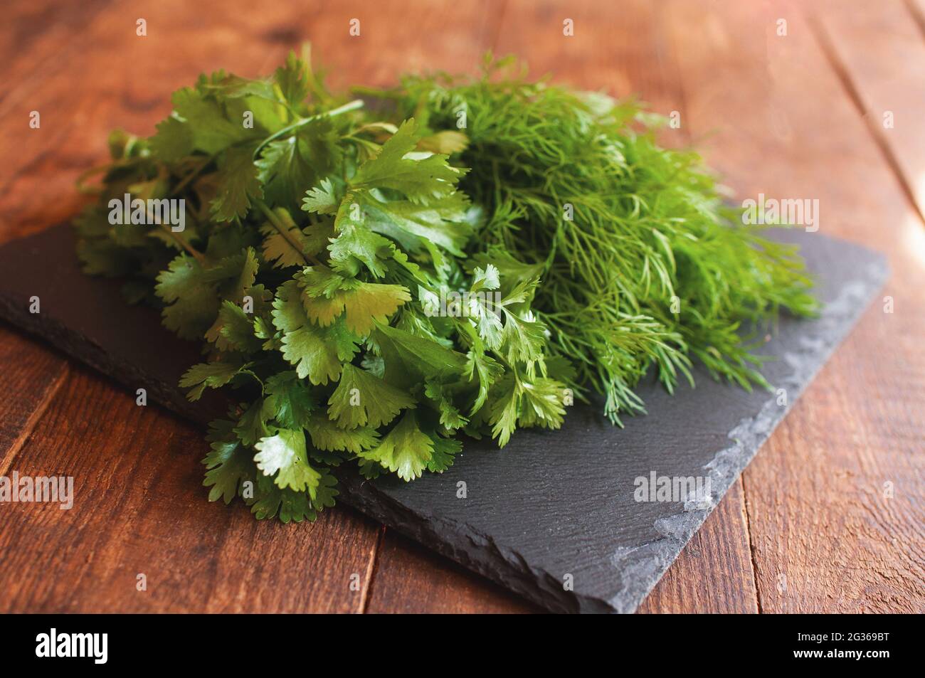 fresh arugula dill and parsley lies on a black board Stock Photo