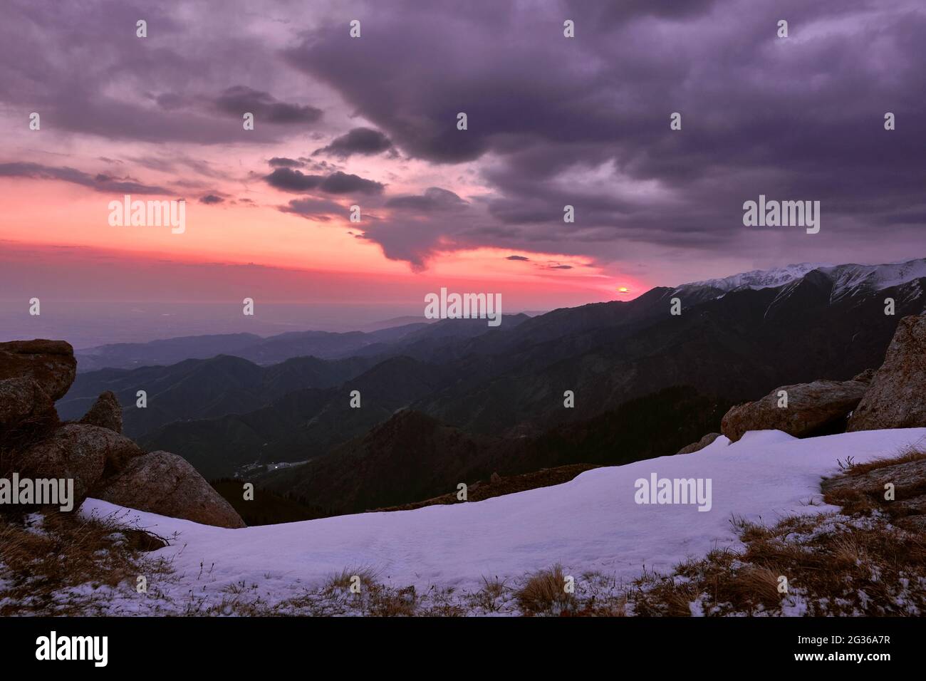 Magical atmosphere of the sunrise over the mountain ridges Stock Photo