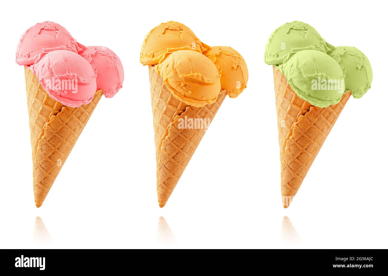 Set of different flavor ice cream cones isolated on white background. Stock Photo