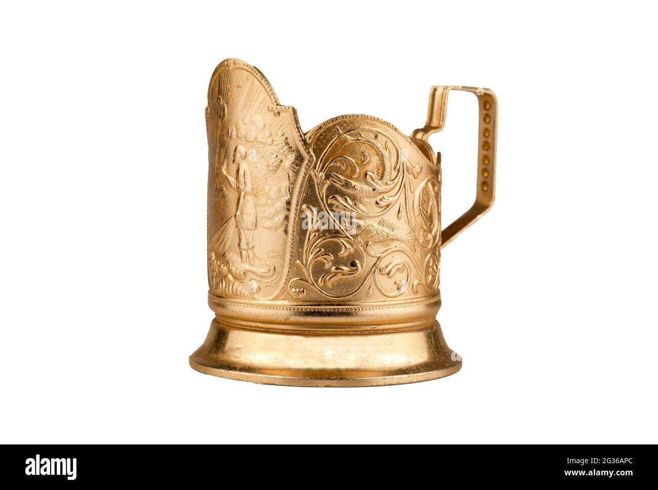 Cup holder isolated on a white background. Old goldcolored metal cup