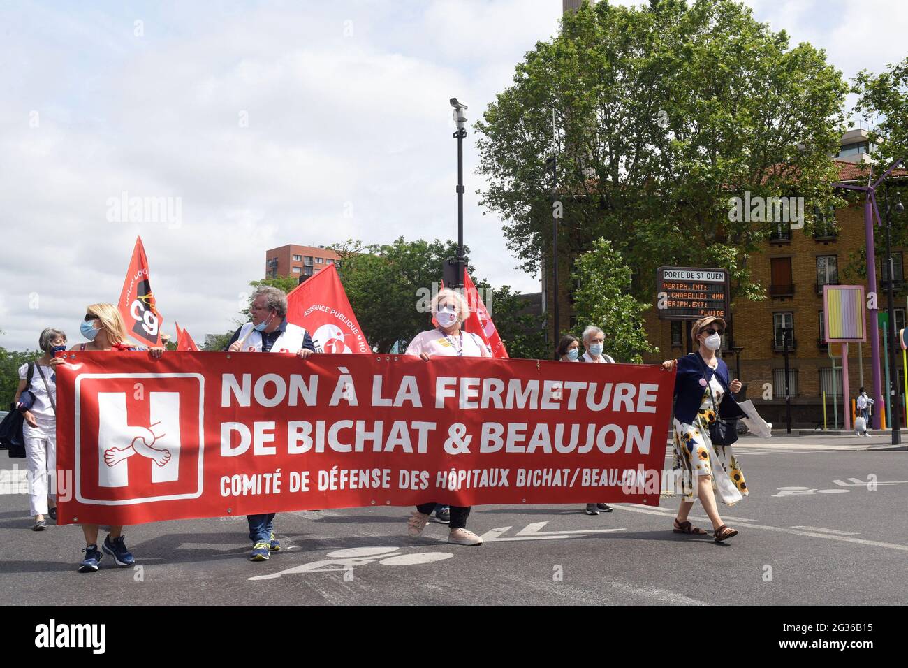 Demonstration against the Grand Hôpital Nord project in the city center and  against the closure of the Bichat and Beaujon hospitals and in support of  the public hospital in Saint Ouen, France