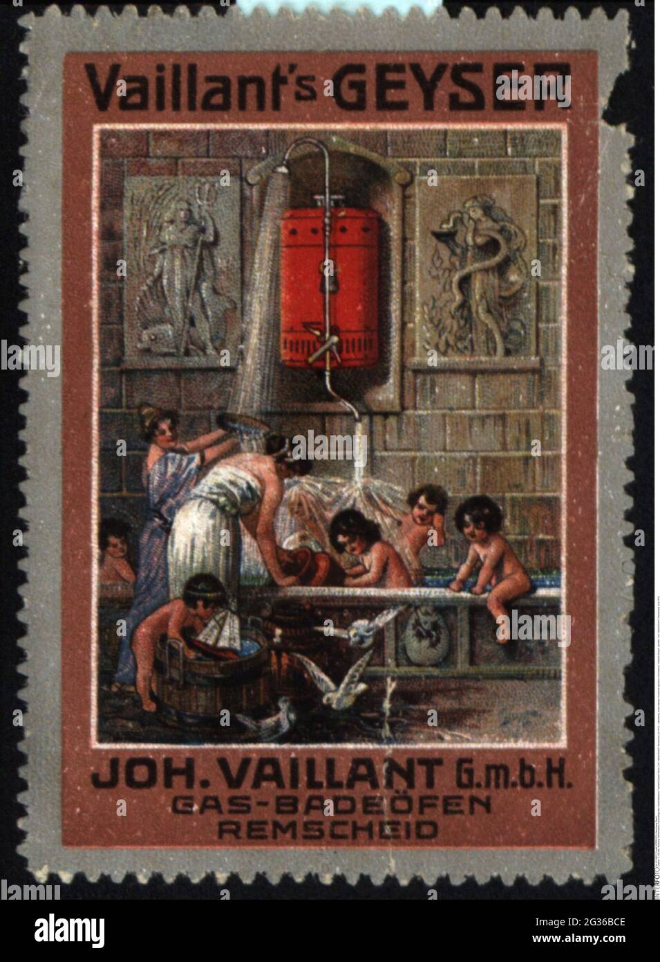 advertising, poster stamps, household appliance / homewares, 'Vaillant's Geyser' calorifier, ADDITIONAL-RIGHTS-CLEARANCE-INFO-NOT-AVAILABLE Stock Photo