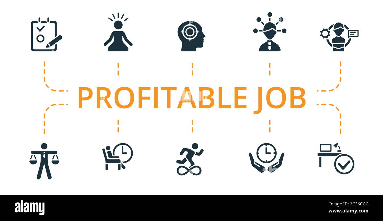 Profitable Job icon set. Contains editable icons productive work theme such as mental concentration, todo tasks, focusing and more. Stock Vector