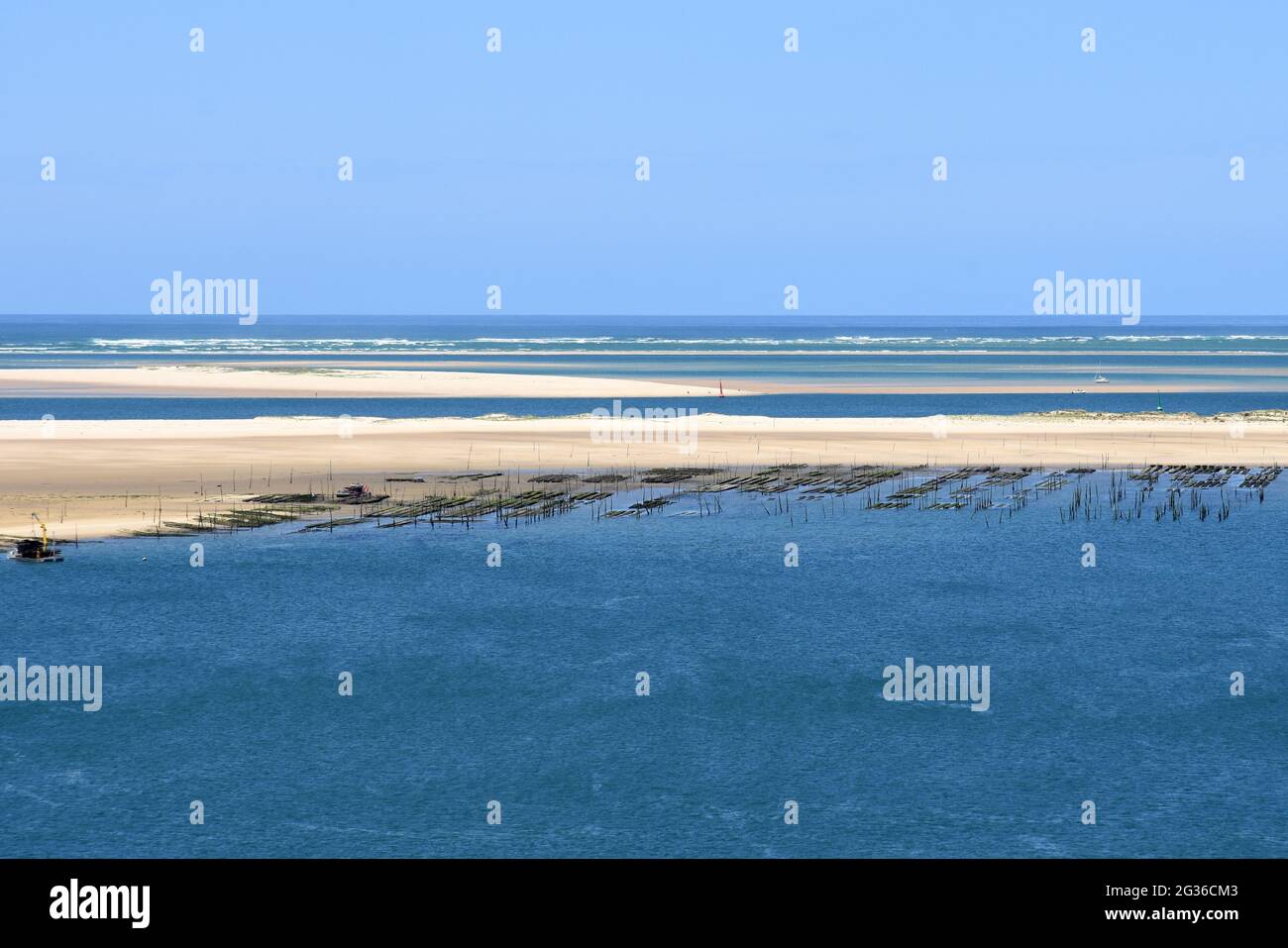France, Aquitaine, Oyster park of the Arguin sandbank seen from the dune of Pilat in the Arcachon basin. Stock Photo