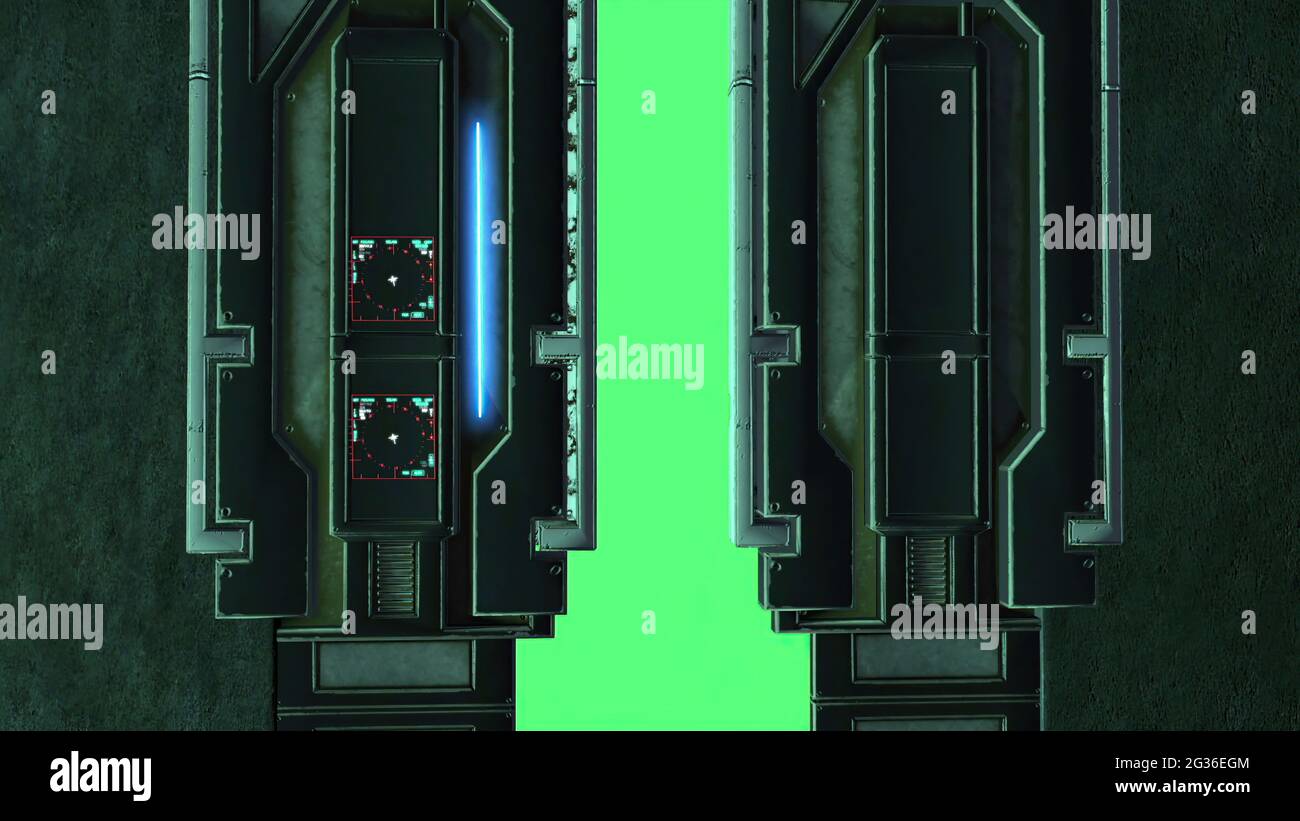 3d illustration sci fi door opening on green screen Stock Photo Alamy