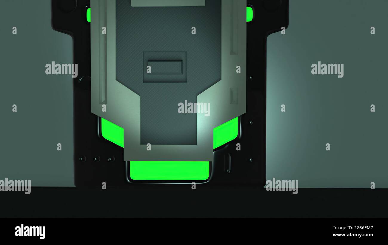 3d illustration sci fi door opening on green screen Stock Photo Alamy