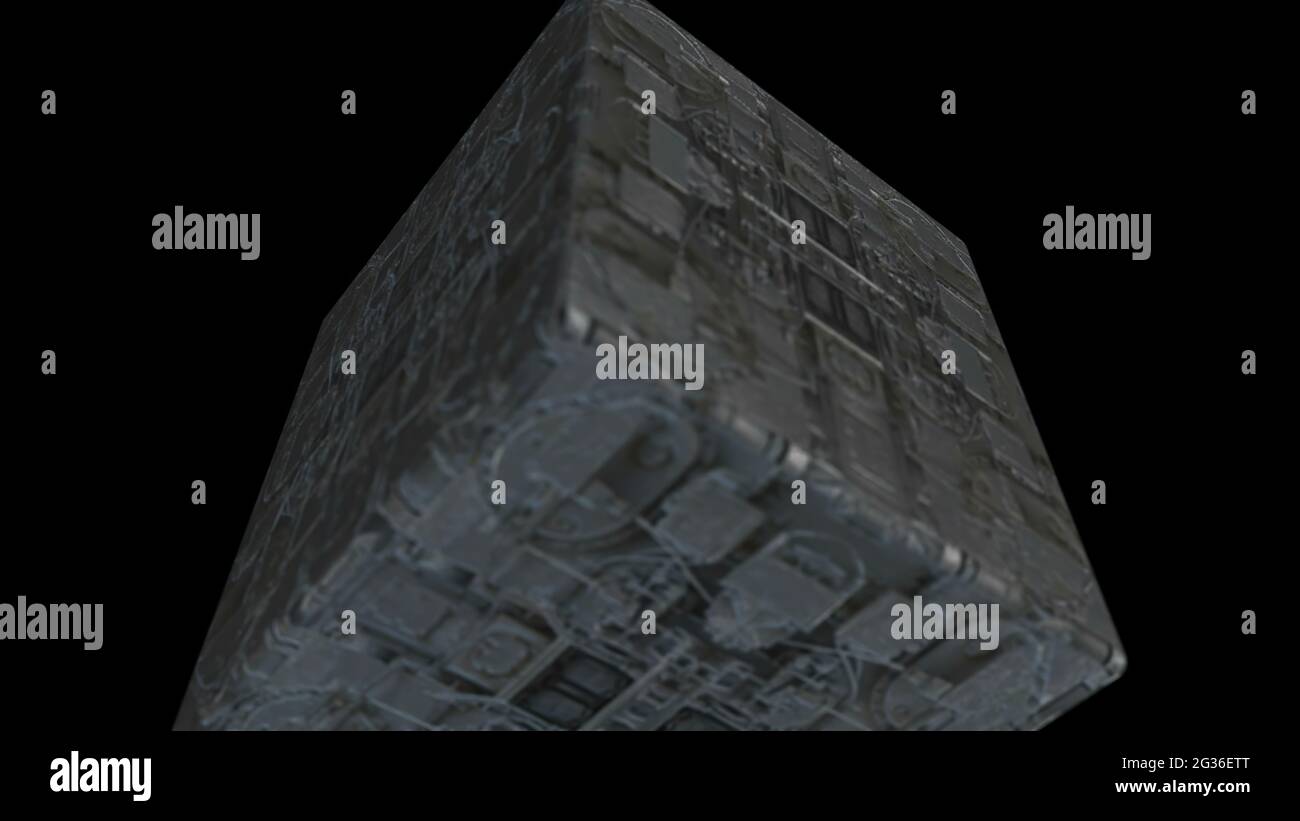 3d illustration Flying Cube with scifi texture with alpha channel