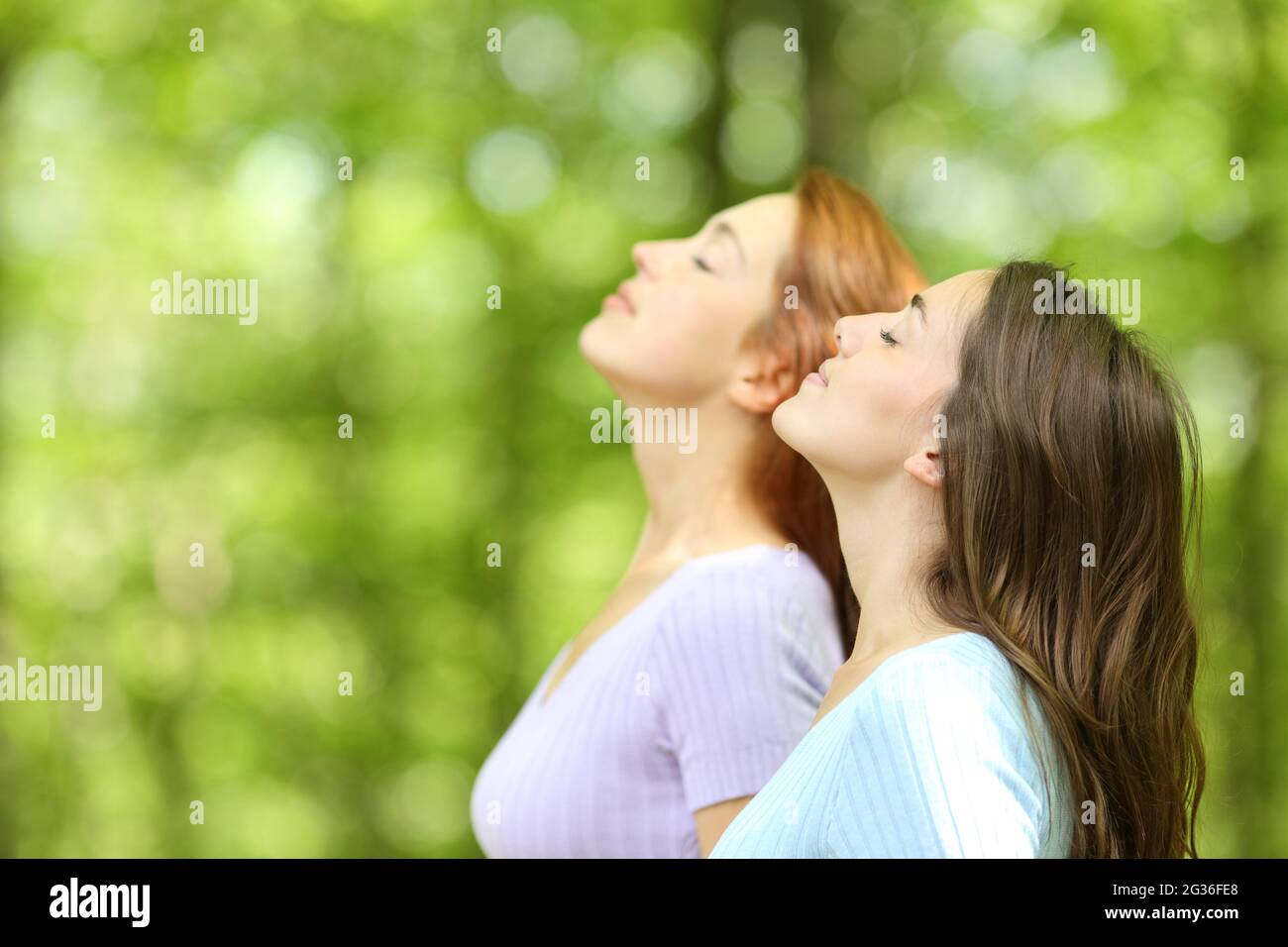 Profile of two women breathing fresh air in a forest or park Stock ...