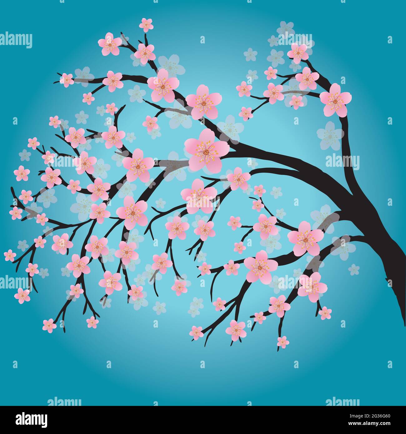 A branch with pink flowers. Based on a cherry blossom or sakura. The background is a turquoise gradient. Stock Vector